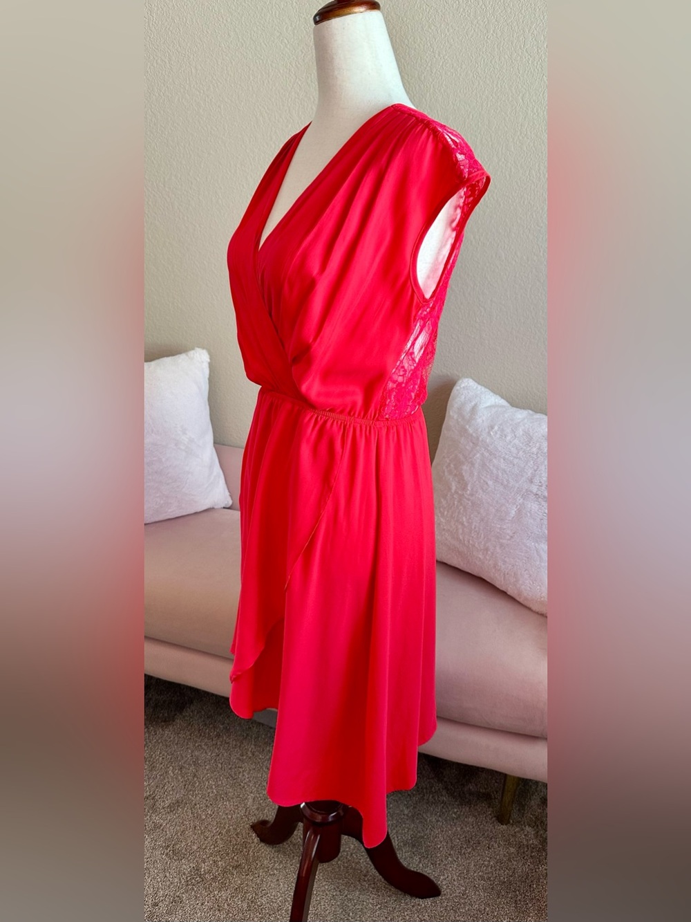 VTG Victoria’s Secret Faux Wrap Dress Sleeveless Lace Back XS Red Knee Y2K New